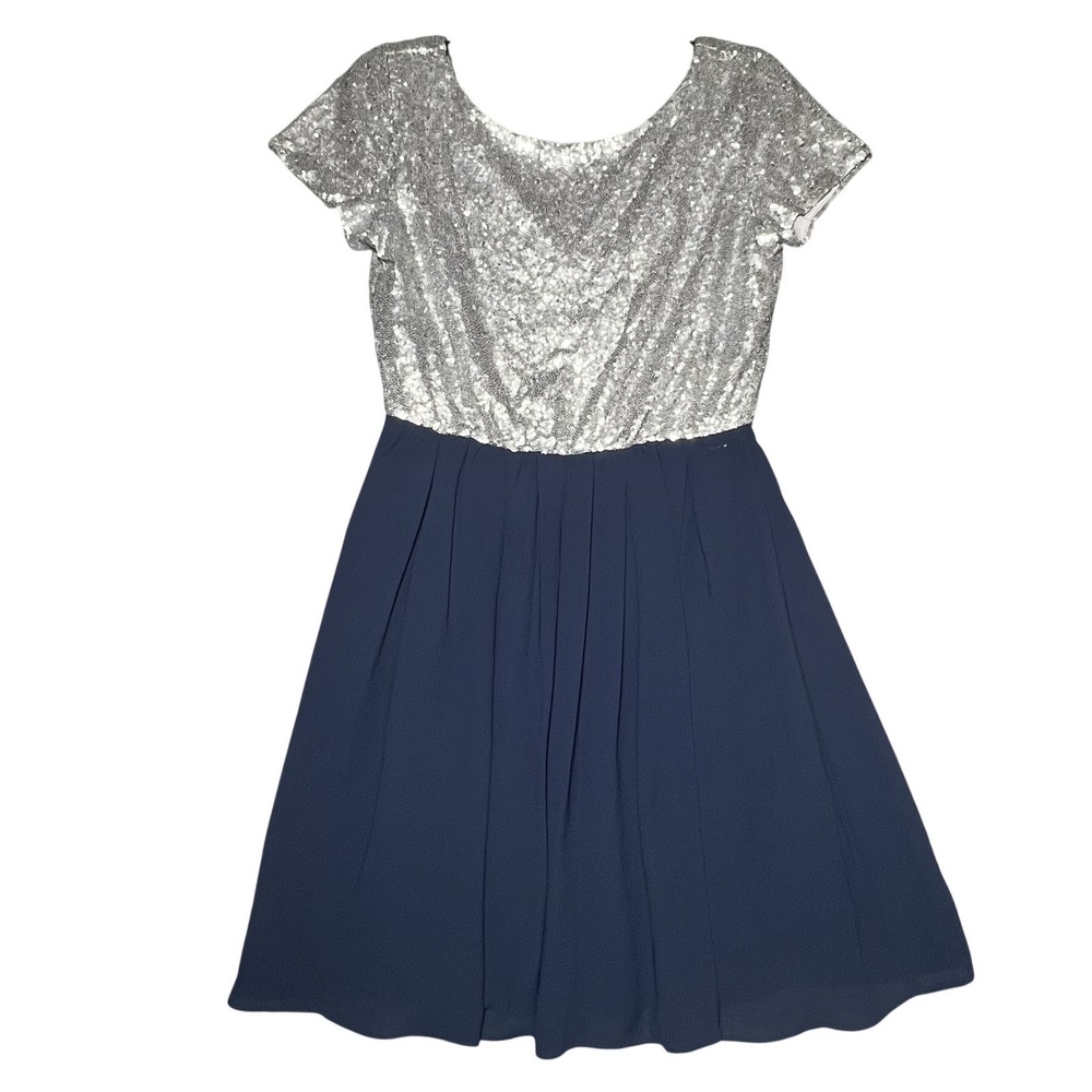 Buttons Women's Silver Sequin Top Navy Blue A-Line Short Sleeve Dress Size M